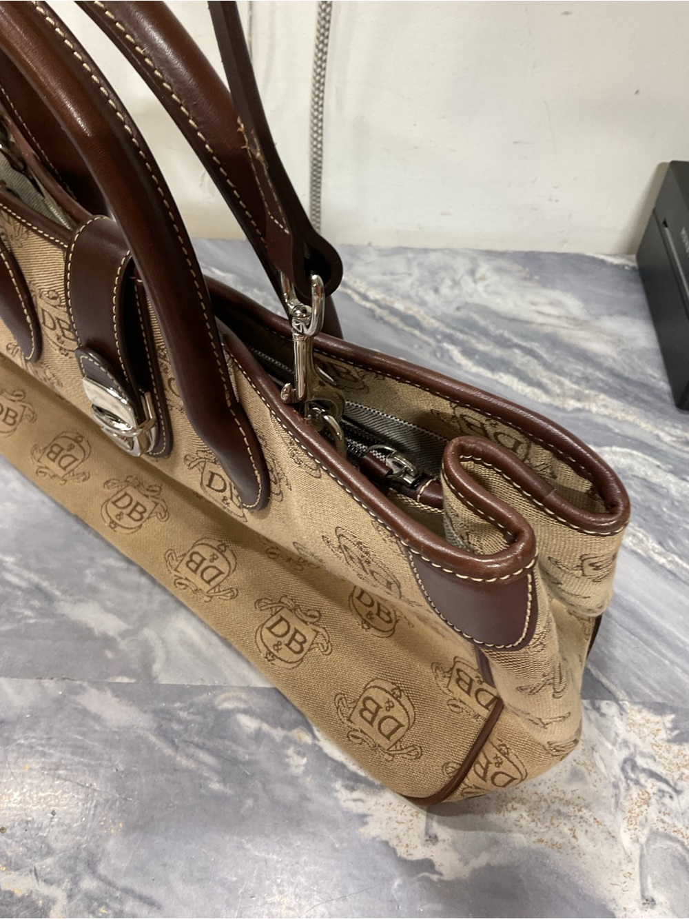 Dooney & Bourke Tan Canvas Logo Satchel with Brown Leather Trim - Picture 11 of 16